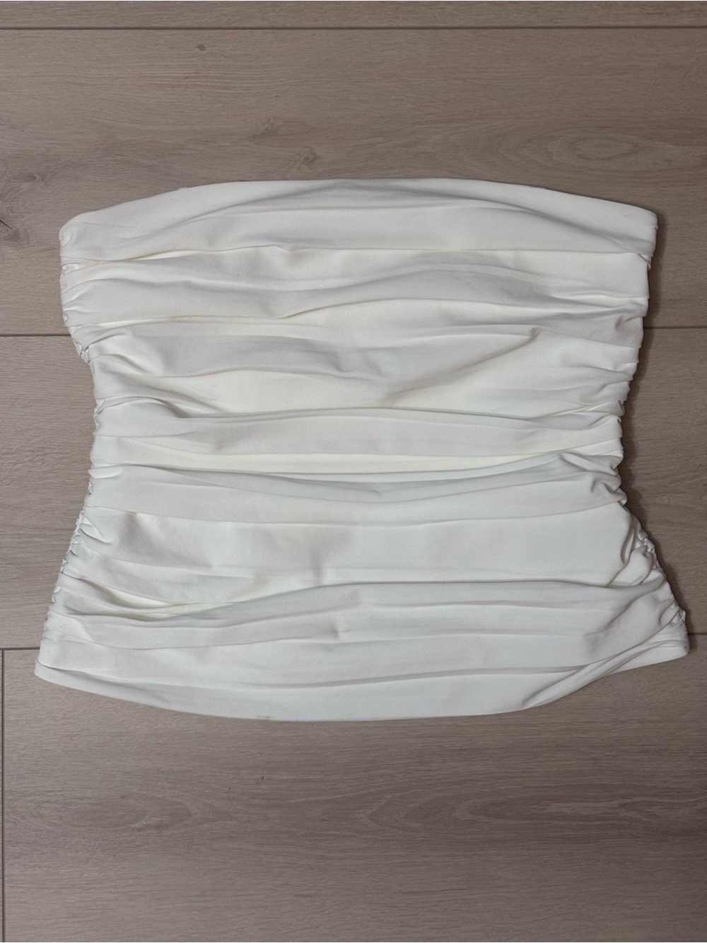 Cinq a Sept Zoey Ruched Strapless Top Back Zip in Ivory